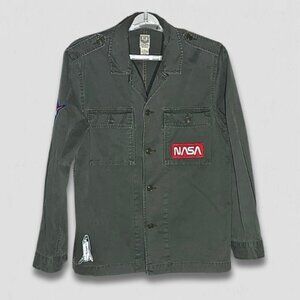 Lucky Brand Cotton Jacket NASA Patches Cargo Pockets Military Green Men’s sz M